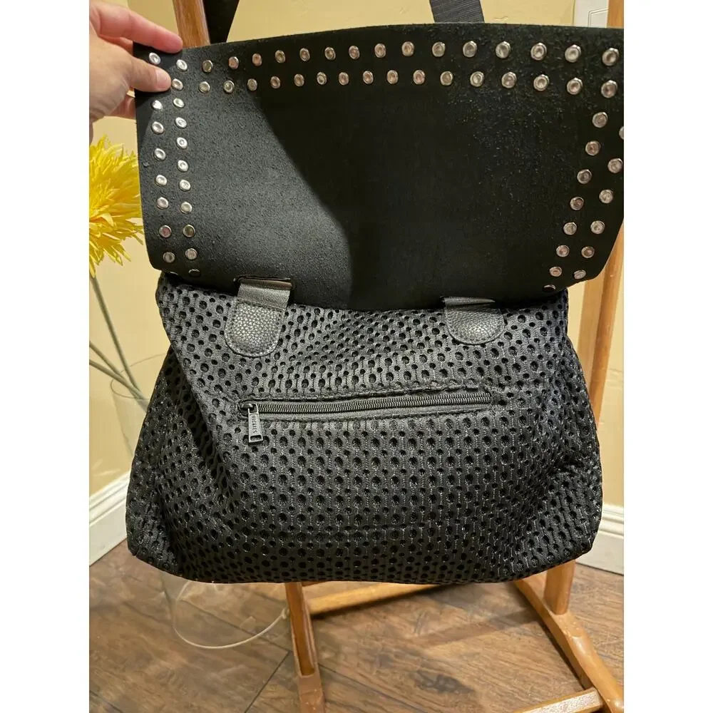 Black Woven & Studded Convertible Crossbody Shoulder Bag - Boho Edgy Satchel